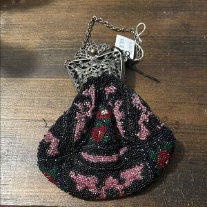 Vintage Victorian Black Beaded Floral Wristlet Clutch handmade